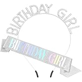 Women's Glitter Birthday Sash and Tiara Set - Sliver and White Rhinestone Headband, Crowns, and Happy Birthday Decorations