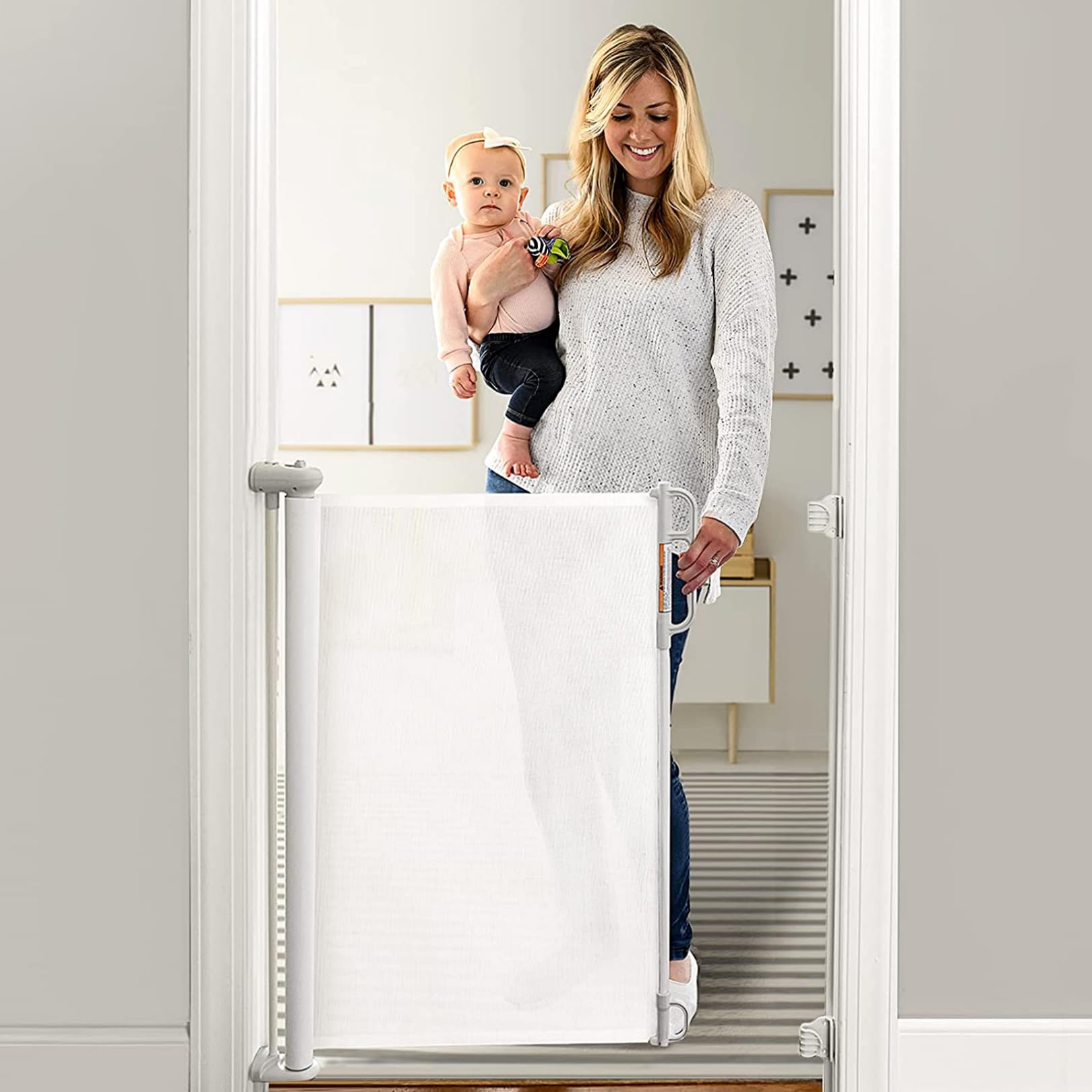 Momcozy Retractable Baby Gate, 33" Tall, Extends up to 55" Wide, Child Safety Baby Gates for Stairs, Doorways, Hallways, Indoor, Outdoor White