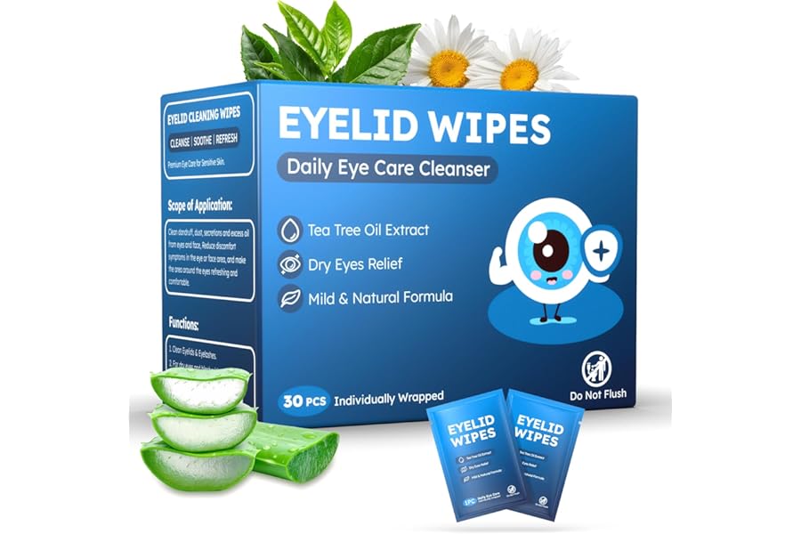 30PCS Eyelid & Lash Wipes for Itchy & Dry Eyes, Tea Tree Oil Eyelid Wipes for Styes & Blepharitis, Daily Eye Cleansing Wipe, Hypoallergenic & Soothing For Sensitive Eyes, Stay Hydrated Lid Wipe