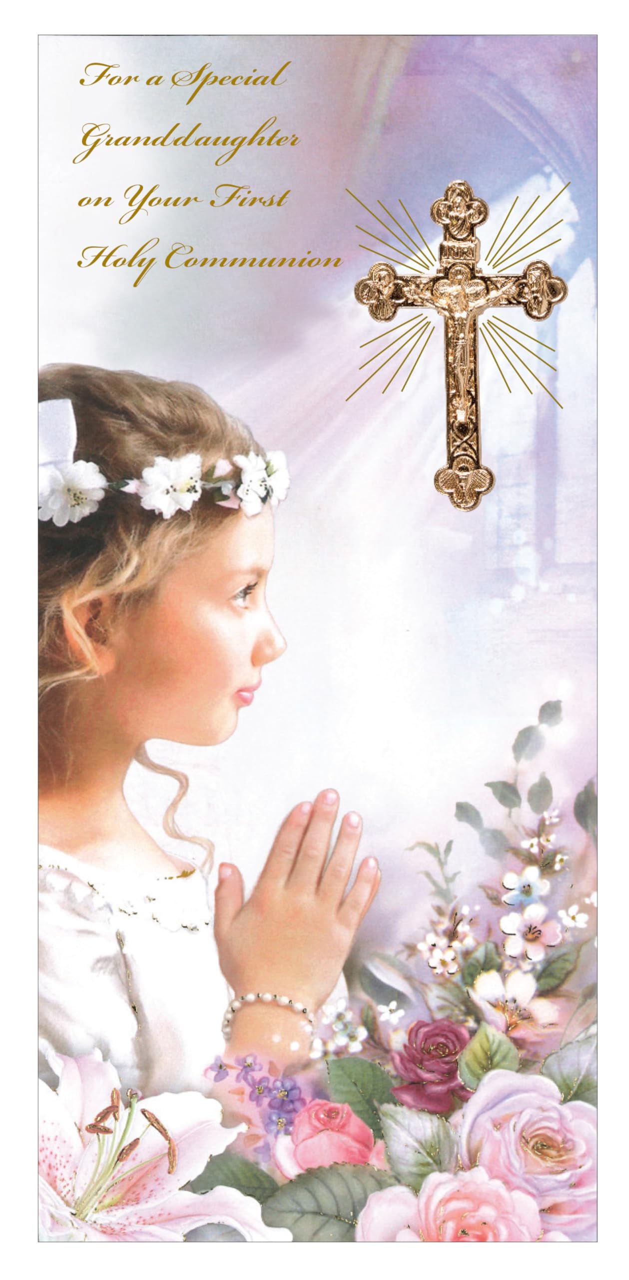 CGFA Granddaughter First Holy Communion Catholic Celebration Card with a Metal Cross Crucifix, Embossed and Boxed for a Special Girl