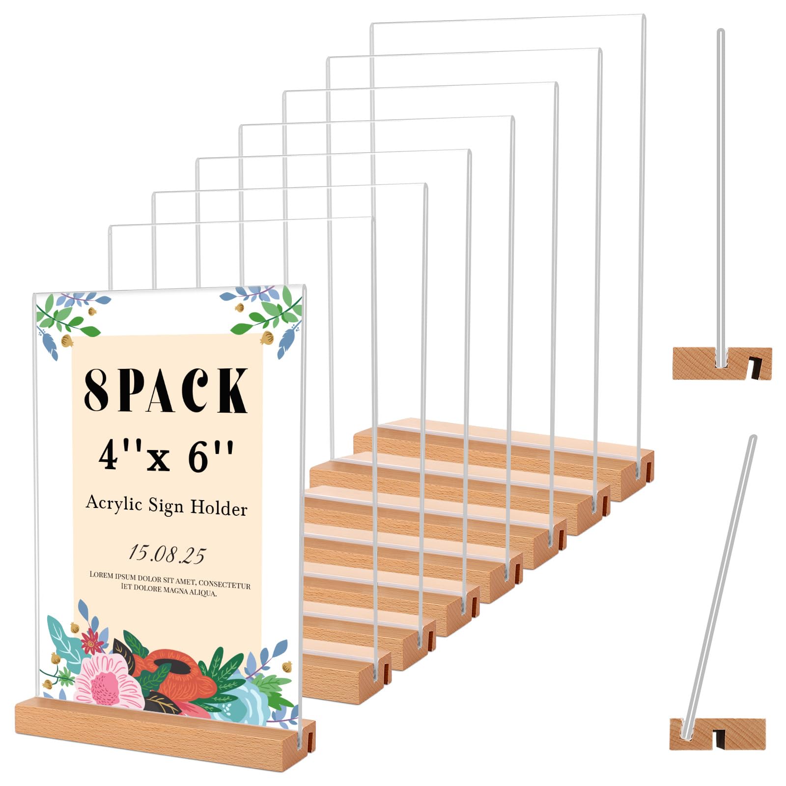 Photo 1 of Smarpau L/T Shape Acrylic Sign Holder 4x6 with Wooden Base 8 Pack Acrylic Frame Table Display Stand 4x6 with Wood Sign Flyer Menu Holder Paper Stand Holder for Office Store Wedding Restaurant