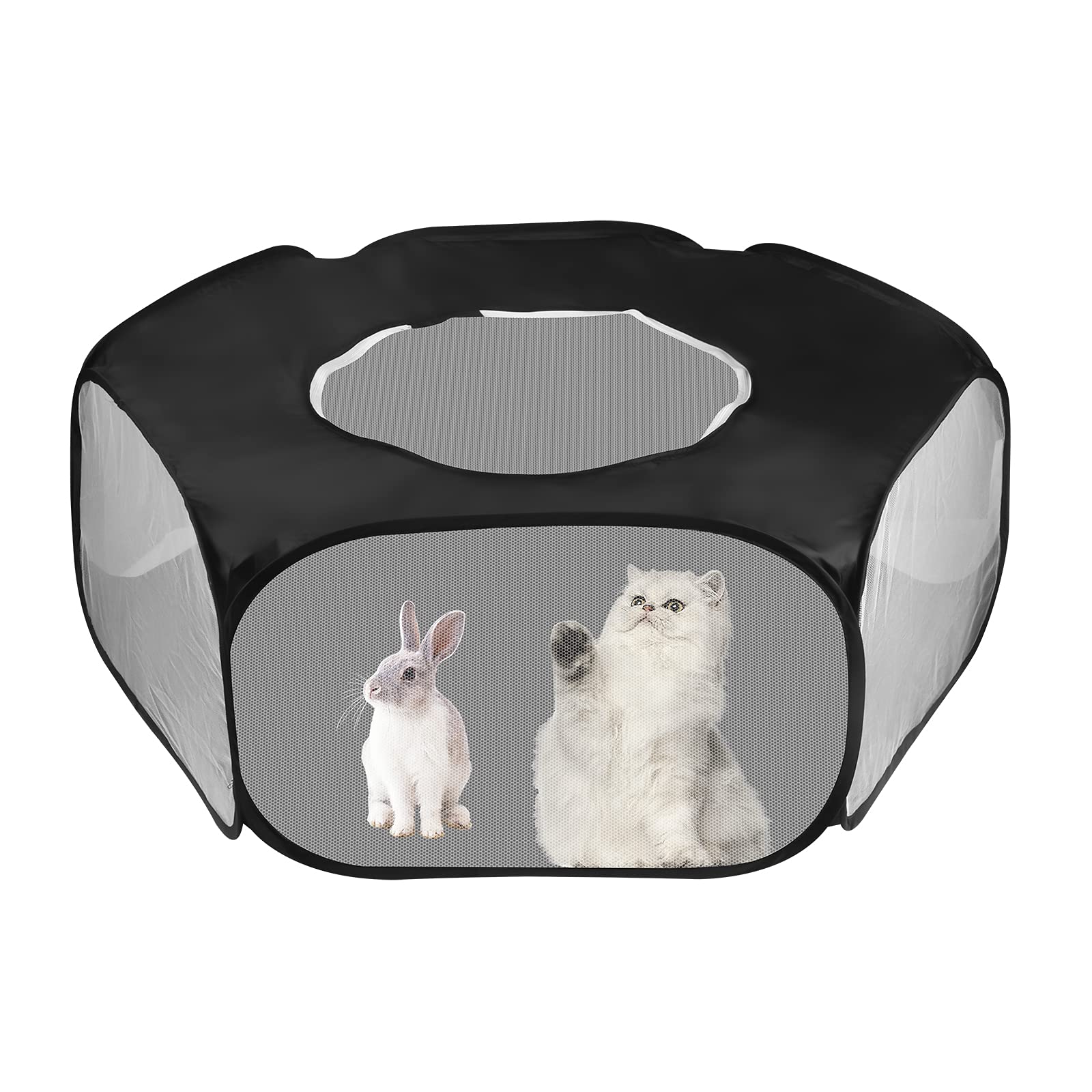 Small Animal Playpen Foldable Pet Tent Fence Cage with Zippered Cover Breathable Transparent Pop Up Pet Exercise Pen for Guinea Pig Rabbits Hamster Chinchillas Hedgehogs Kitten Puppy (Black)