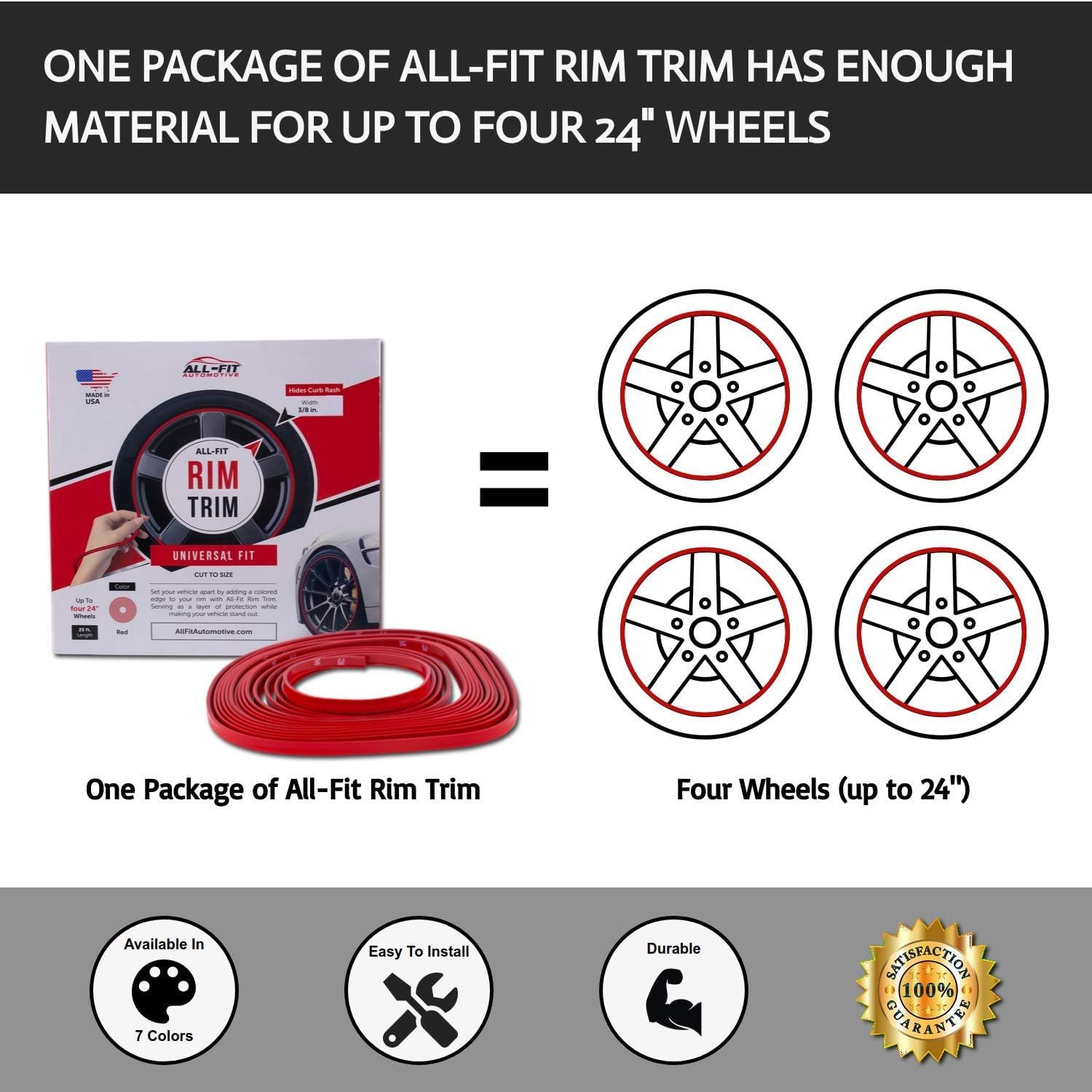 All-Fit Automotive Rim Trim – Durable DIY Car Exterior Accessories for Curb Rash Protection – Fits Up to Four 24” Wheels – Flexible, Durable Wheel Rim Protector (3/8″ width/Black)