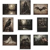 abrtolpffo Halloween Wall Art Halloween prints 9 Pieces 8x10in Dark Academia Wall Decor, Spooky Ghost Witch Raven Bat Haunted House Pictures, Dark and Moody Forest Landscape Art Gothic Decor