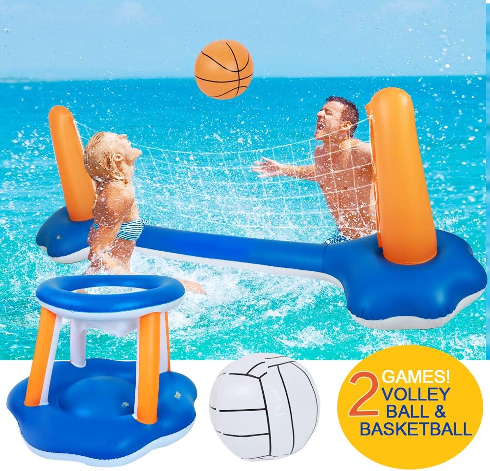 Inflatable Pool Float Set Volleyball Net and Basketball Hoops, Floating Pool Swimming Game Toys, Water Sports Inflatable Pool Volleyball Set for Adults - Volleyball Net & Basketball Hoops: Toys & Games
