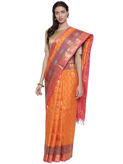 Embellished Dharmavaram Silk Saree - Mandarin Orange - (CCMYSS8945)