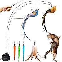 Cat Feather Toys, Cat Toys Wand, Interactive Cat Toy with Super Suction Cup, 2 PCS Cat Wand Toy and 6 PCS Feather Replacement