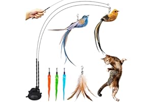 Cat Feather Toys, Cat Toys Wand, Interactive Cat Toy with Super Suction Cup, 2 PCS Cat Wand Toy and 6 PCS Feather Replacement