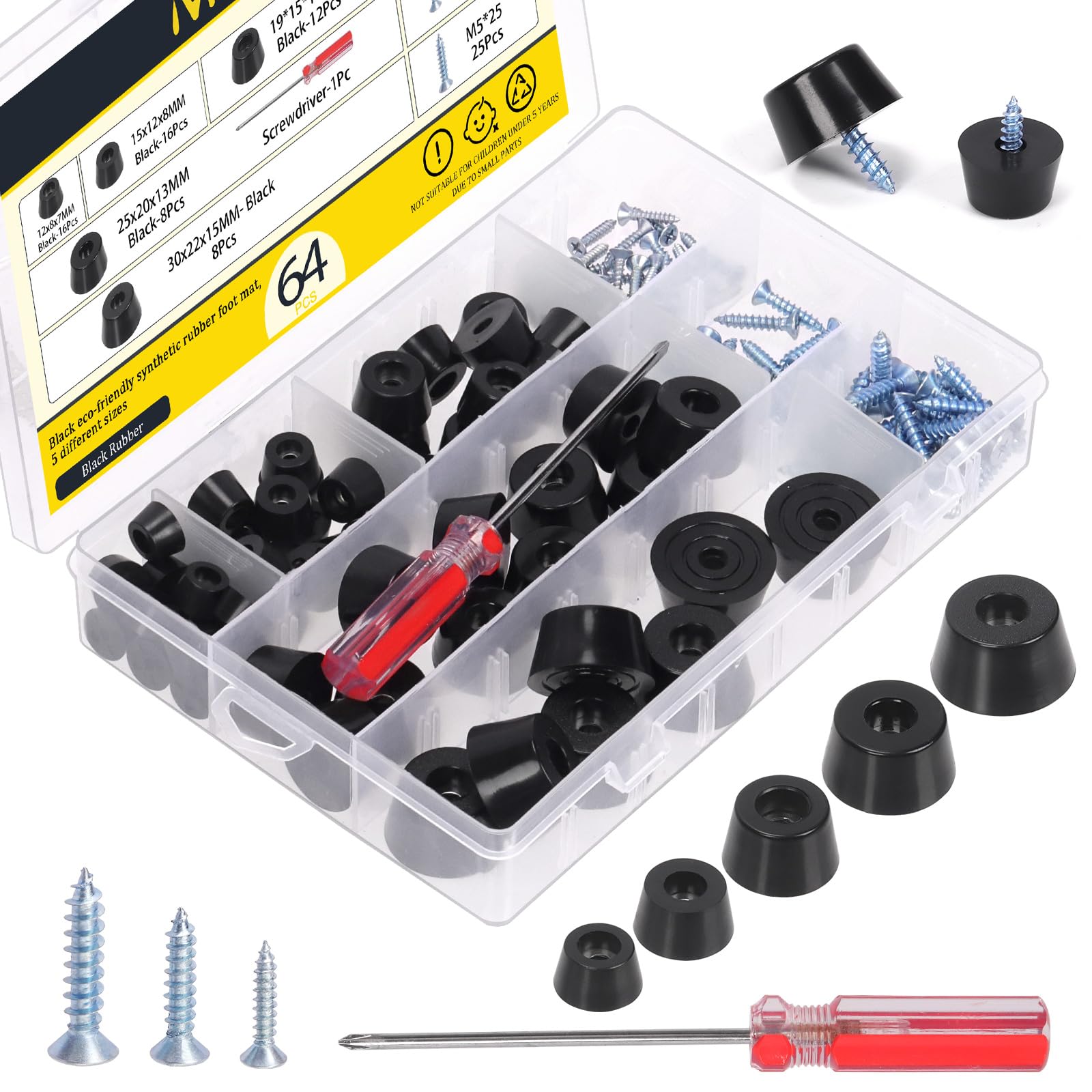 Mardatt 64Pcs Rubber Feet for Cutting Board, 5 Sizes Non Slip Rubber Bumper Feet with Stainless Steel Matching Screws, Black Rubber Feet Bumpers Pads for Furniture, Electronics and Appliances