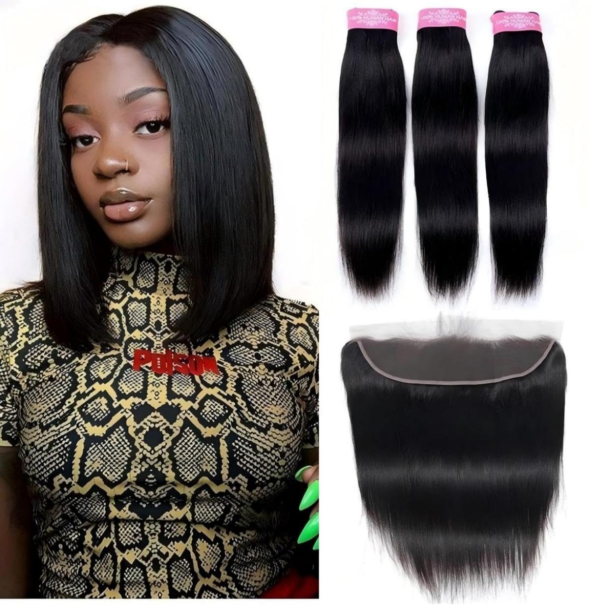 Sexycat Straight Bundles with 13x4 HD Lace Frontal Human Hair 12 14 16+10 Inch 100% Unprocessed Brazilian Virgin Hair Extensions Weave Weft Bundles with Lace Frontal — image 1