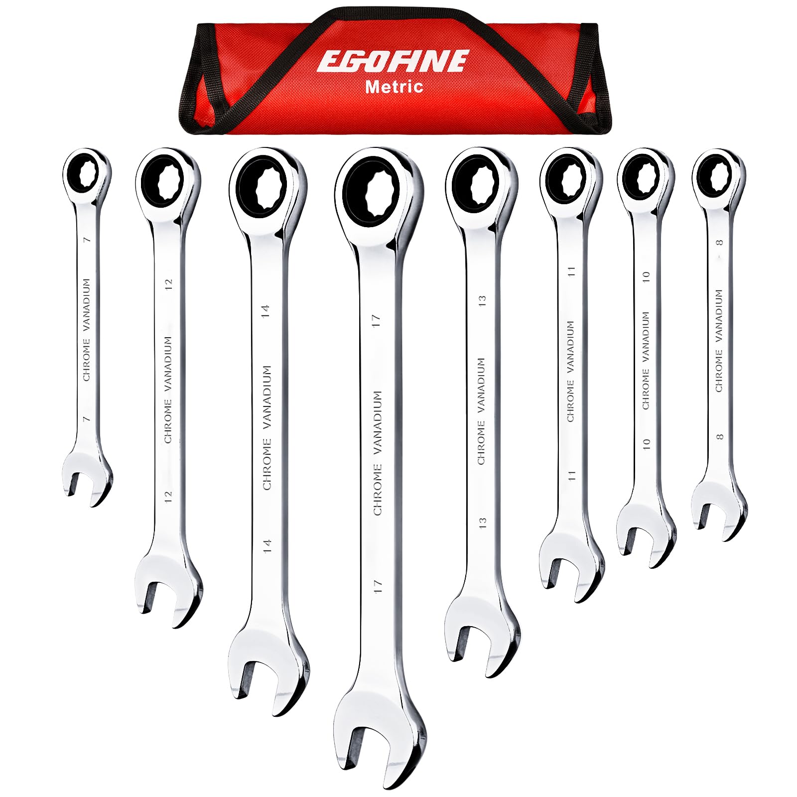 Egofine 8-Piece Ratcheting Wrench Set, Cr-V Steel
