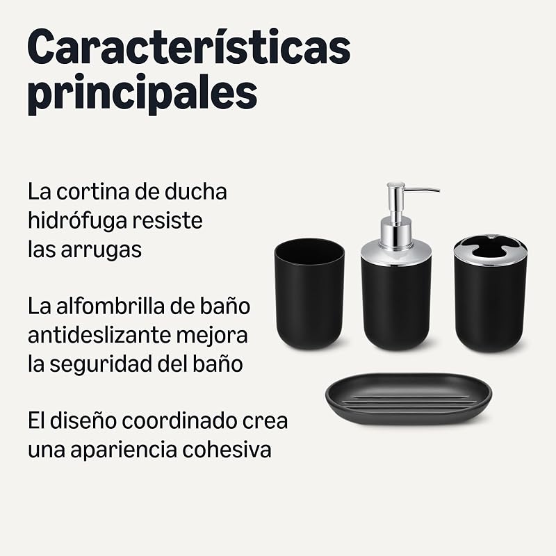 Conjunto de acessórios para a casa de banho: cortina de duche com ganchos, tapete de espuma viscoelástica, dispensador de sabonete, porta-sabonetes, suporte para escova de dentes e vidro, preto