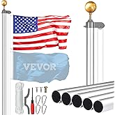 VEVOR 20FT Sectional Flagpole Kit, Heavy Duty Aluminum Alloy in Ground Poles for Outside, 3 Display Modes with 3x5 American Flag, Professional Accessories, Silver