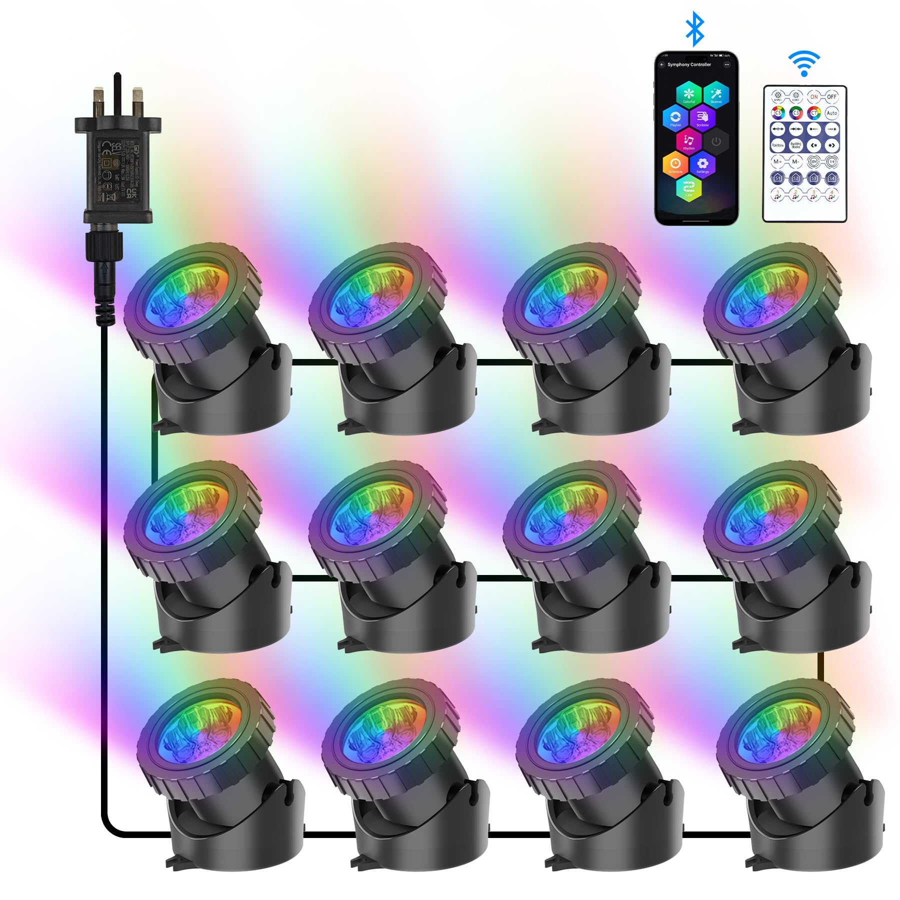 NATPOW Pond Lights, RGB Submersible Lights Mains Powered, Aquarium Pond Light with Bluetooth APP Control, IP68 Waterproof Underwater Landscape Spot Lights for Garden, Yard, Pool, Fountain(12 in 1)