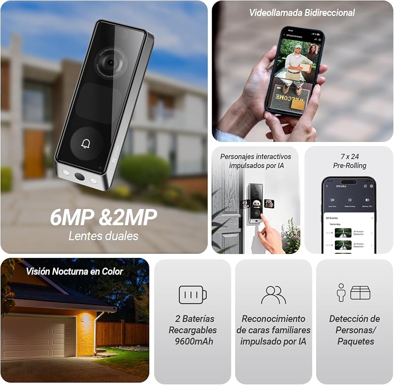 Campainha sem fios EP8 Ultra Câmara Dupla Exterior 6MP+2MP, Sinal CH1, Ecrã Interativo, Detetar Pessoa/Pacote, Pré-Gravação, 2 Baterias Recarregáveis, 32GB EMMc Interno, Wi-Fi 6, 2,4GHz