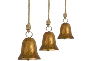 SIX FOXES 3 Pcs Handmade Rustic Christmas Bells, Vintage Iron Bells with Jute Rope for Hanging, 3 Sizes Antique Lucky Bells for Christmas Decor