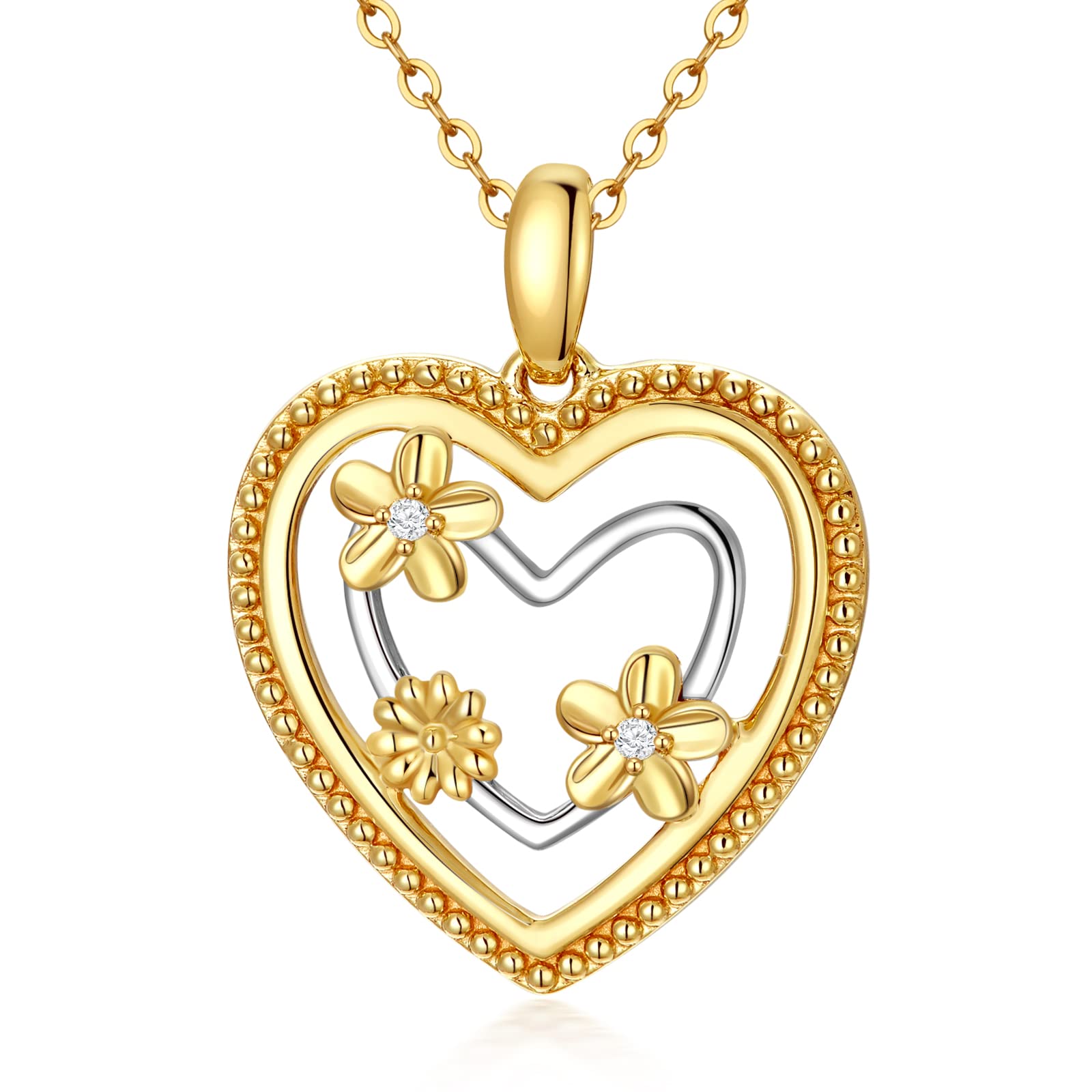 YDD 9ct Gold Double Heart Necklace for Women Real Gold Flowers Pendant Necklace Fine Jewellery Gift for Mother Wife Ladies 16''+1''+1'' inch (Sunflower 4)