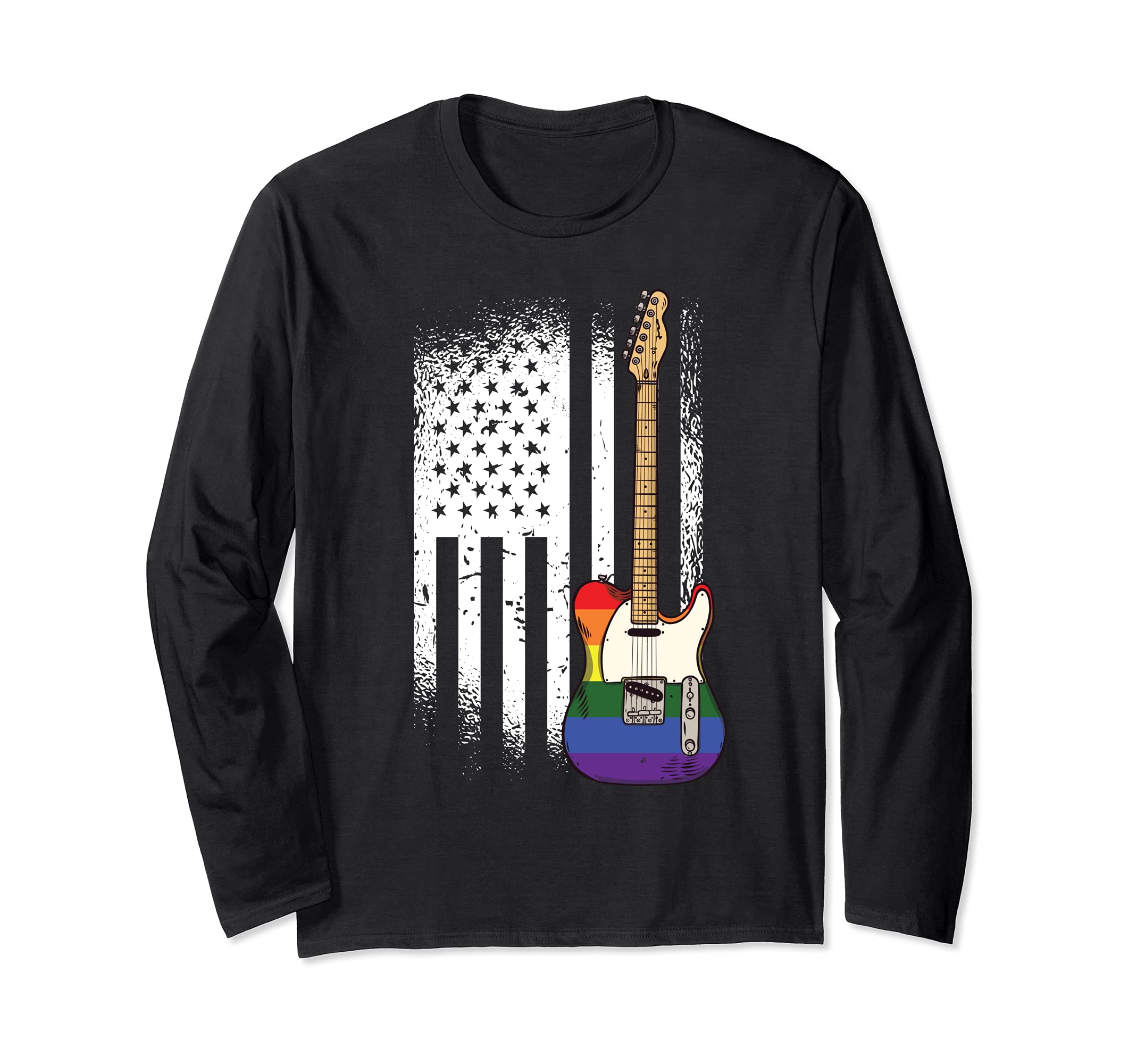 American Flag Guitar Gay Pride LGBTQ Ally Guitarist Musician Long Sleeve T-Shirt