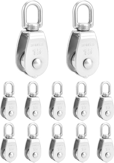 QWORK 12Pcs M25 Single Pulley Block 304 Stainless 360° Swivel Ø6mm Wire 35kg