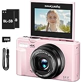 4K Digital Camera for Photography, 64MP Vlogging Camera for YouTube with 3" 180° Flip Screen, 18X Digital Zoom Point and Shoot Camara with 32GB Micro SD Card for Beginner (Pink)