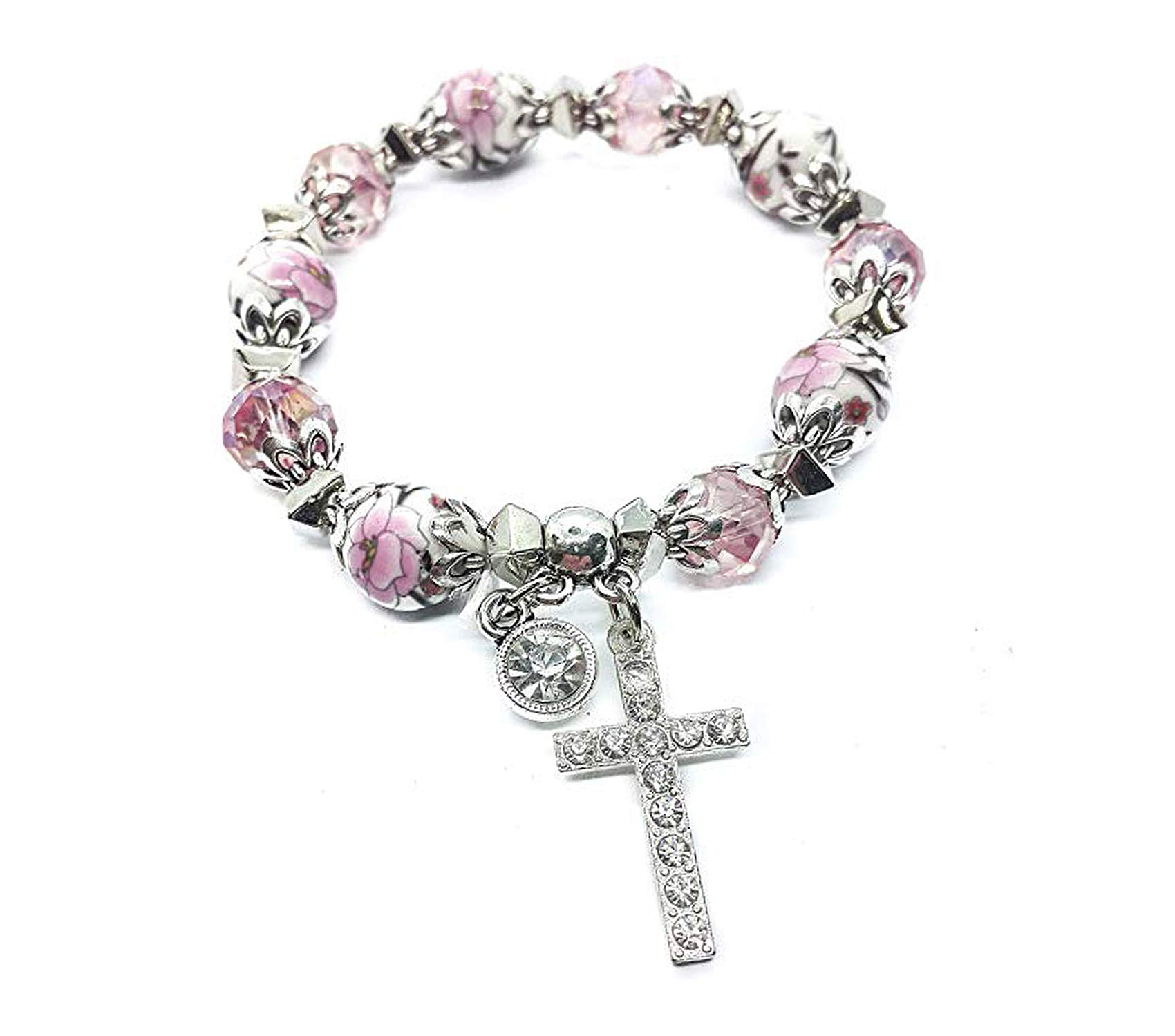 Nazareth Store Rosary Bracelet Christian Charm Crystallized Pink Beads Decorated with Flowers and Silver Cross