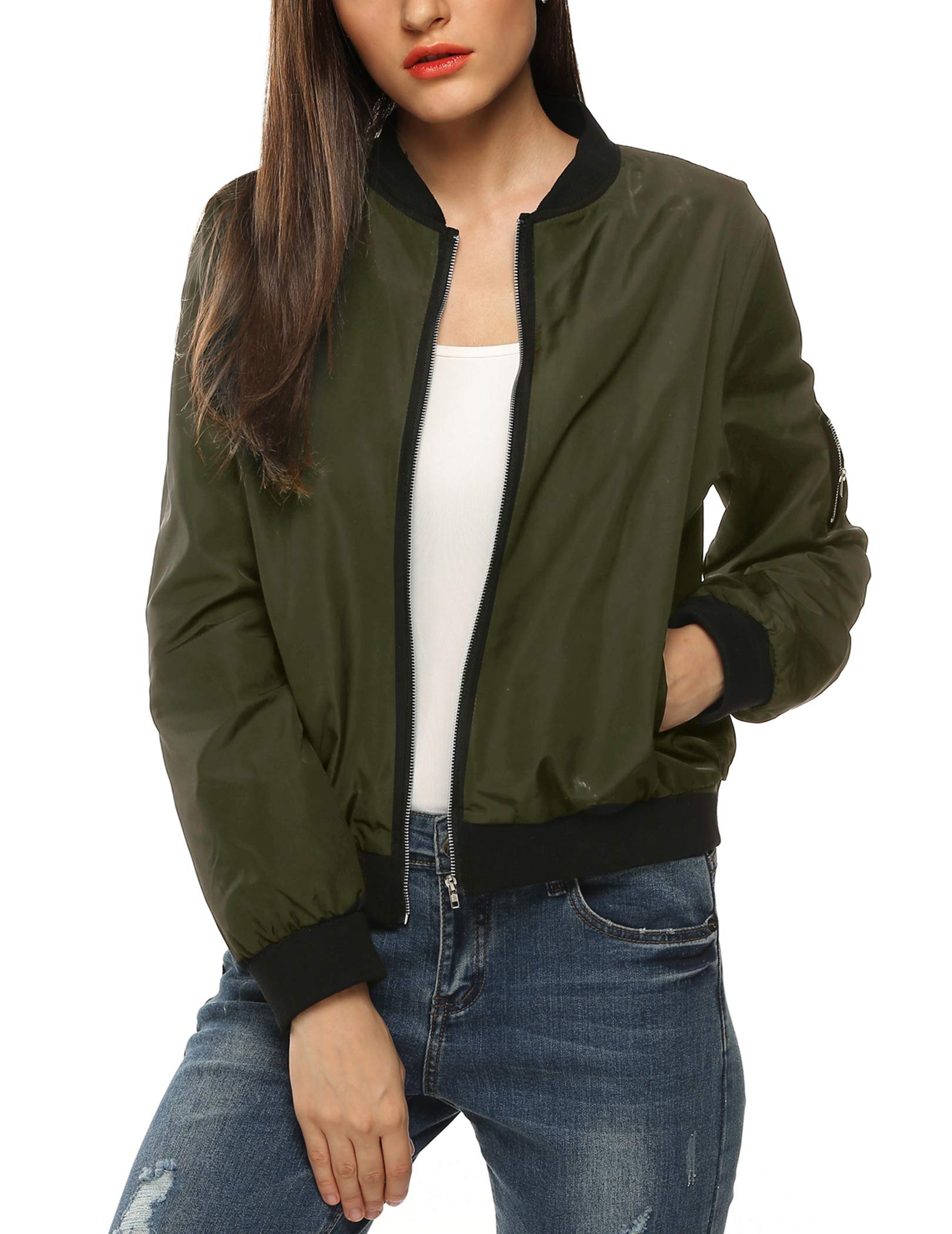 Zeagoo Women&amp;#39;s Bomber Jacket Casual Coat Zip Up Outerwear Windbreaker