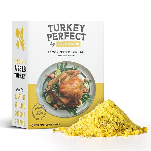 FIRE & FLAVOR LEMON PEPPER TURKEY PERFECT BRINE – TURKEY BRINE KIT WITH BAG FOR ROASTING, GRILLING, SMOKING, AND FRYING – BRINING SEASONINGS FOR COOKING AND TURKEY BRINE BAG – TURKEY BRINE AND RUB KIT