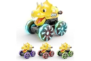 Intoypad Yellow Triceratops Dino Monster Truck – Toddler Push Car Toy with LED Wheels – Press & Go Dinosaur Toy Vehicle for Kids Ages 2 3 4 5 – Chomping Mouth Light-Up Action Toy for Boys Girls