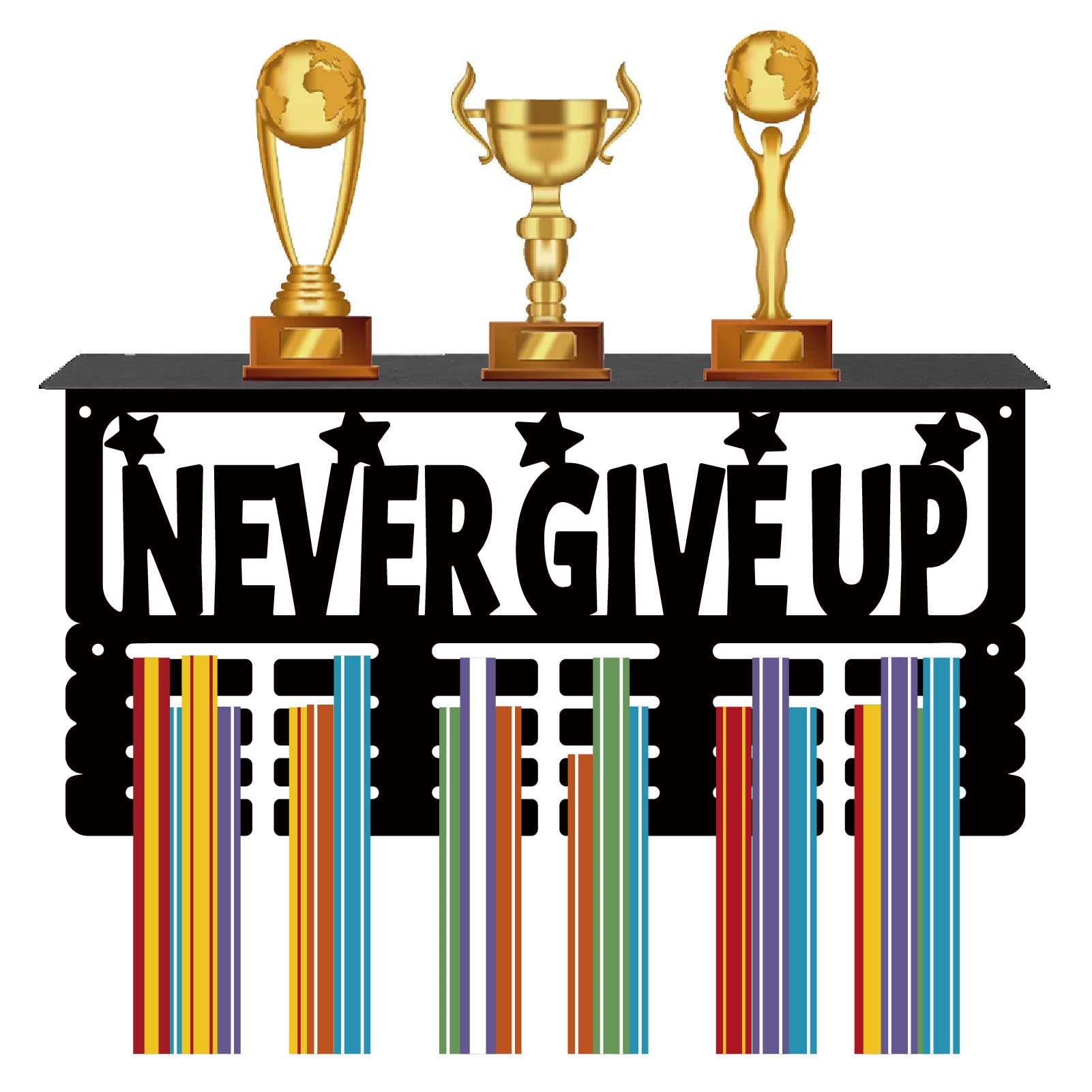 CREATCABIN Medal Trophy Holder Medal Hanger Display with Shelf Stand Sport 4 Rows Wall Mount Hold 70+ Medals for Gymnastics Dance Soccer Running Race Swimming Awards Rack 15.7 x 7.9 Inch-Never Give Up