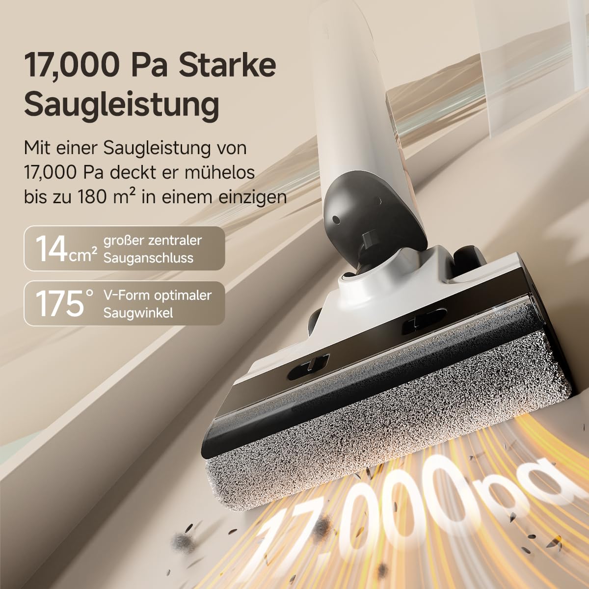 uwant D500 Nass Trockensauger,Abwassertanks-Desodorierung,180° Lay-Flat Saugwischer,17,000 Pa Saugkraft,65°C Leise Heißtrocknung,Selbstreinigend,Verwicklungsfreies Design,IPX6 wasserdichte Bodenbürste 4