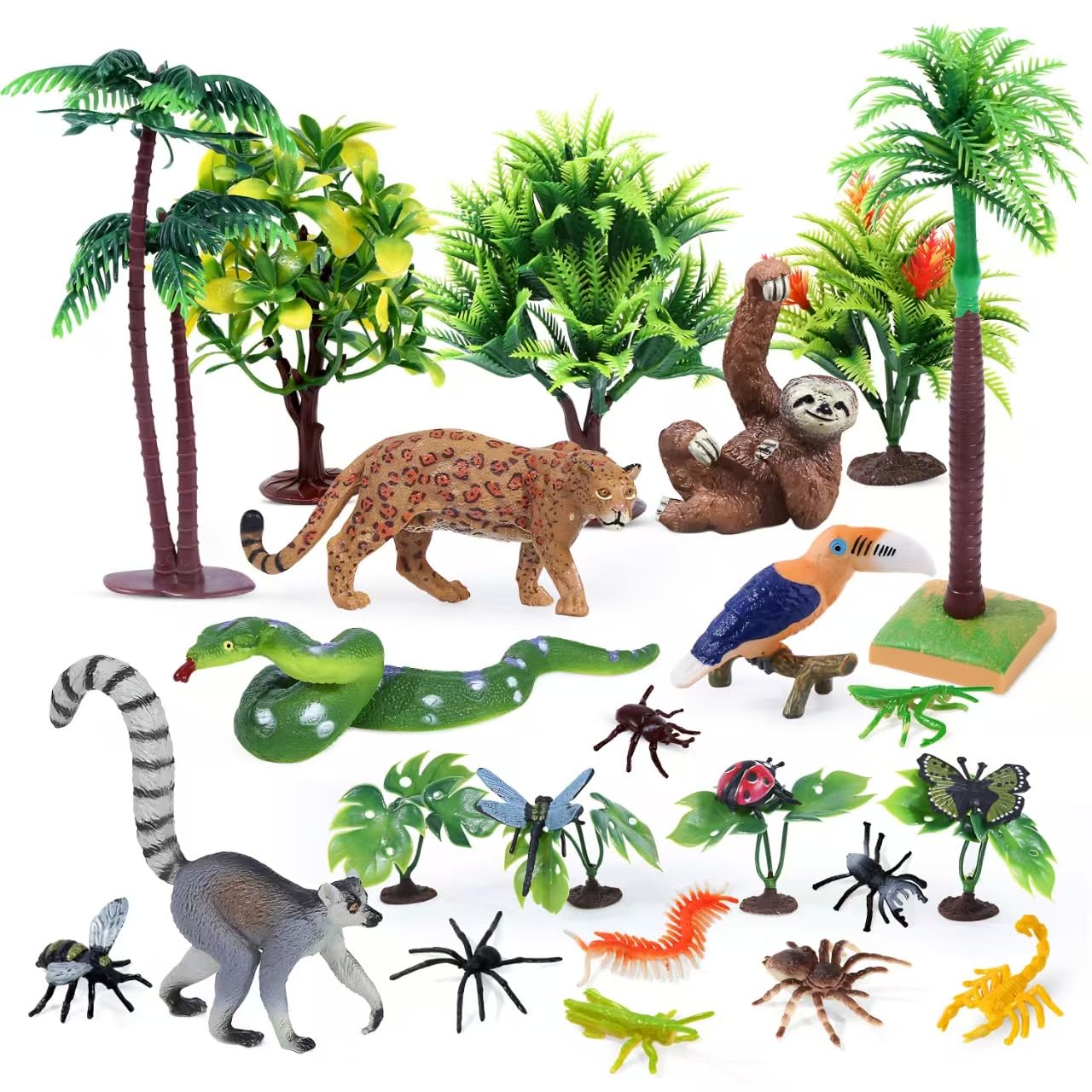 kukifun 26Pcs Rainforest Animal Figures Set, Realistic Jungle Animals Toys with Snake Sloth Leopard Monkey Bird Insects Trees for Kids Educational Birthday Cake Decoration Party Favor School Projects