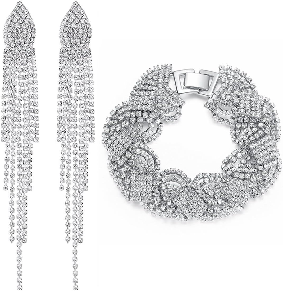mecresh Flower Teardrop Earring and Bracelets Silver/Gold/Champagne Bridal Jewelry Sets for Women
