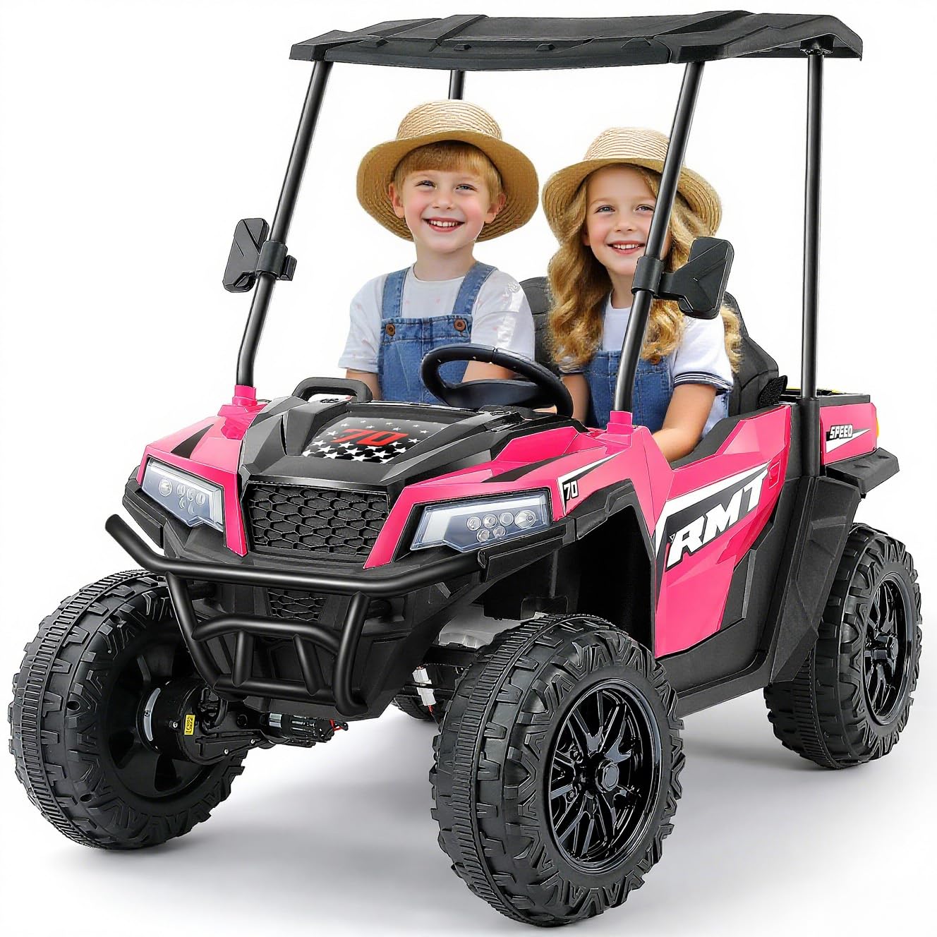Photo 1 of **SIDE DOOR DAMAGE**ELEMARA 24V 2 Seater Ride on Car for Big Kids, 4.5MPH, 4WD Electric Cars w/Sun Shade, Dump Bed & Shovel, Bluetooth Ride on Toy with/Remote, Motorized Off-Road Truck, 3 Speeds, LED Lights, Pink