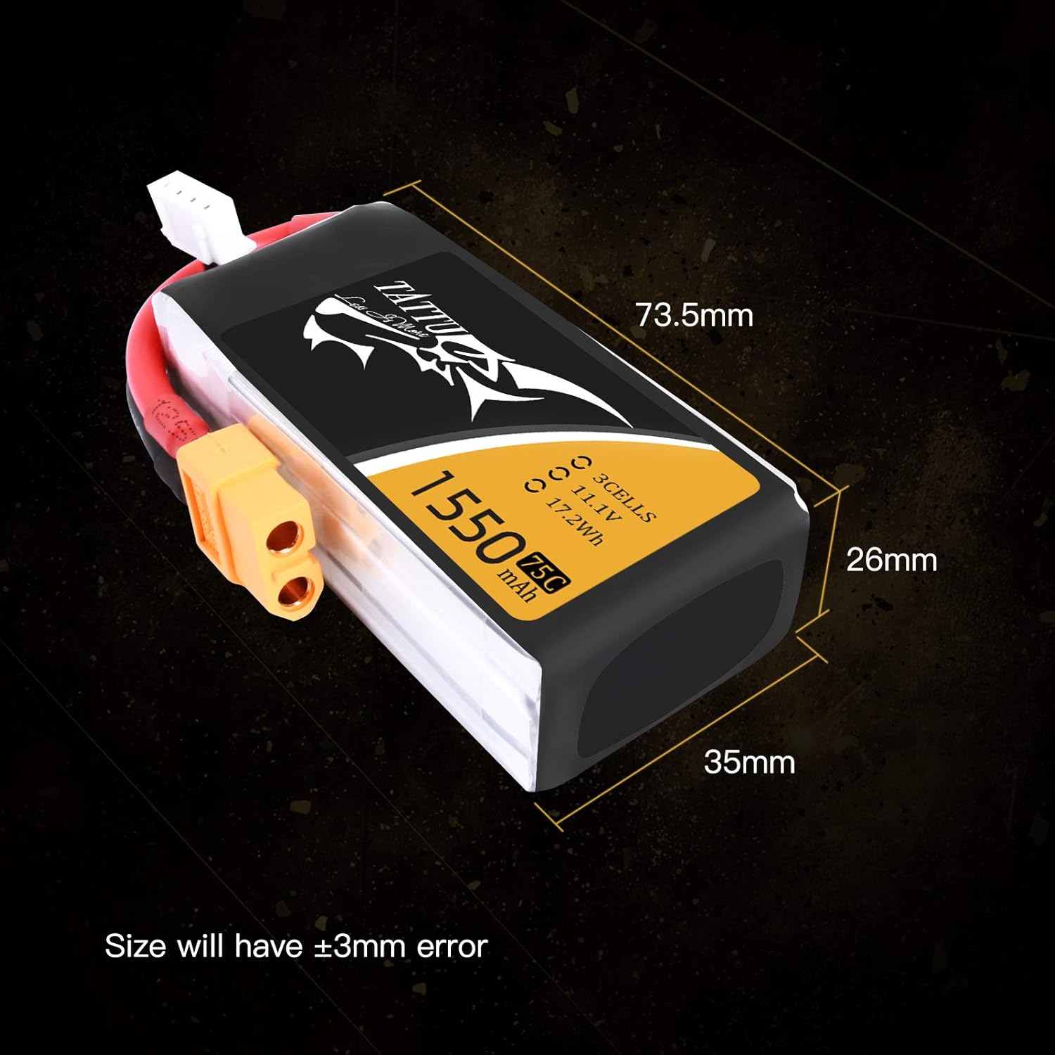 Tattu RC Battery 1550mAh 75C 3S 11.1V LiPo Battery Pack with XT60 Plug for FPV Racing Quadcopters UAV Drone RC Car RC Boat RC Heli Airplane - Image 4