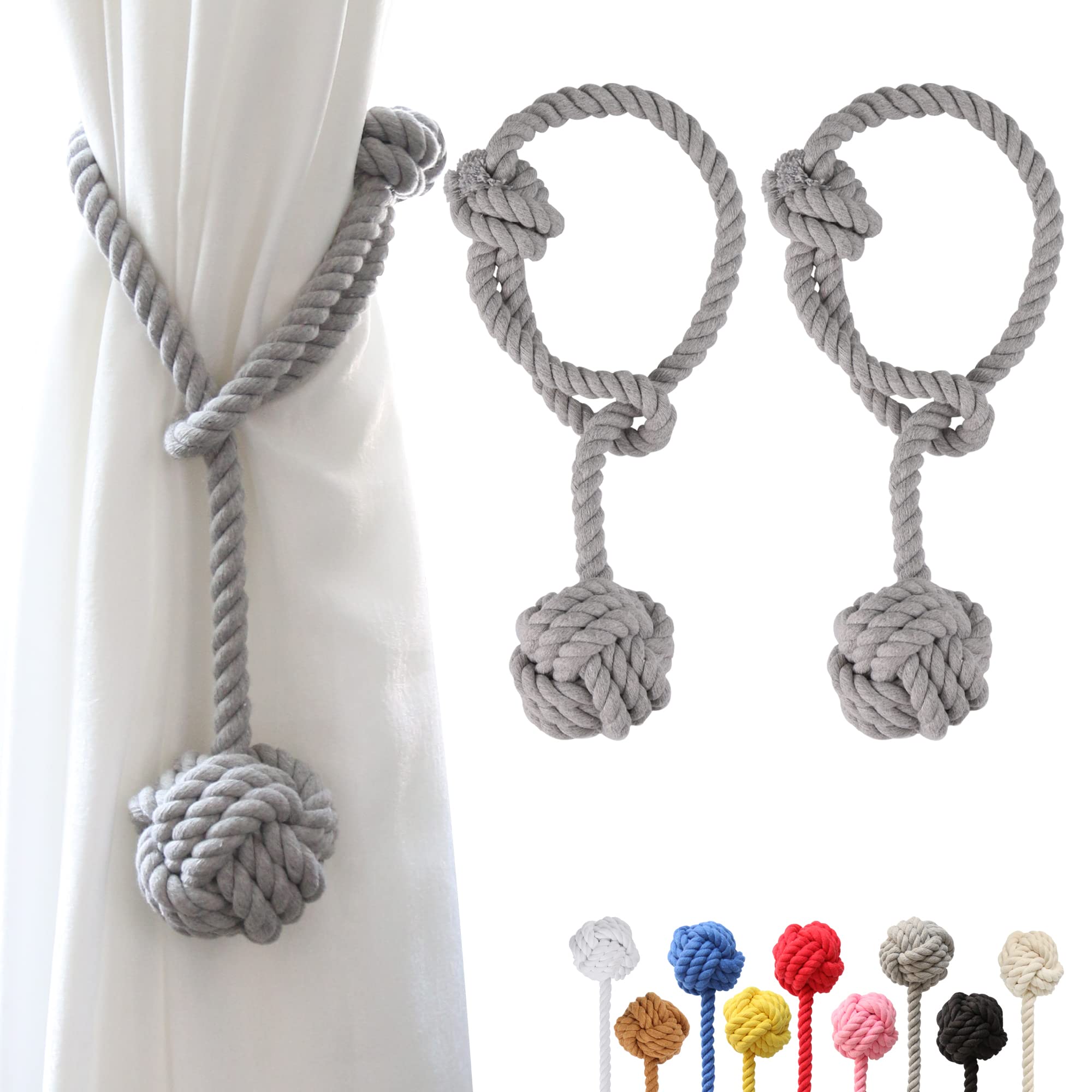 OCIOLI 2 Pieces Curtain Tiebacks Curtain Holdbacks Curtain Ties with Big Woven Ball Outdoor Curtain Tiebacks Cotton Hand Woven Curtain Rope tiebacks Decorative Tie Backs for Drapes (Grey)