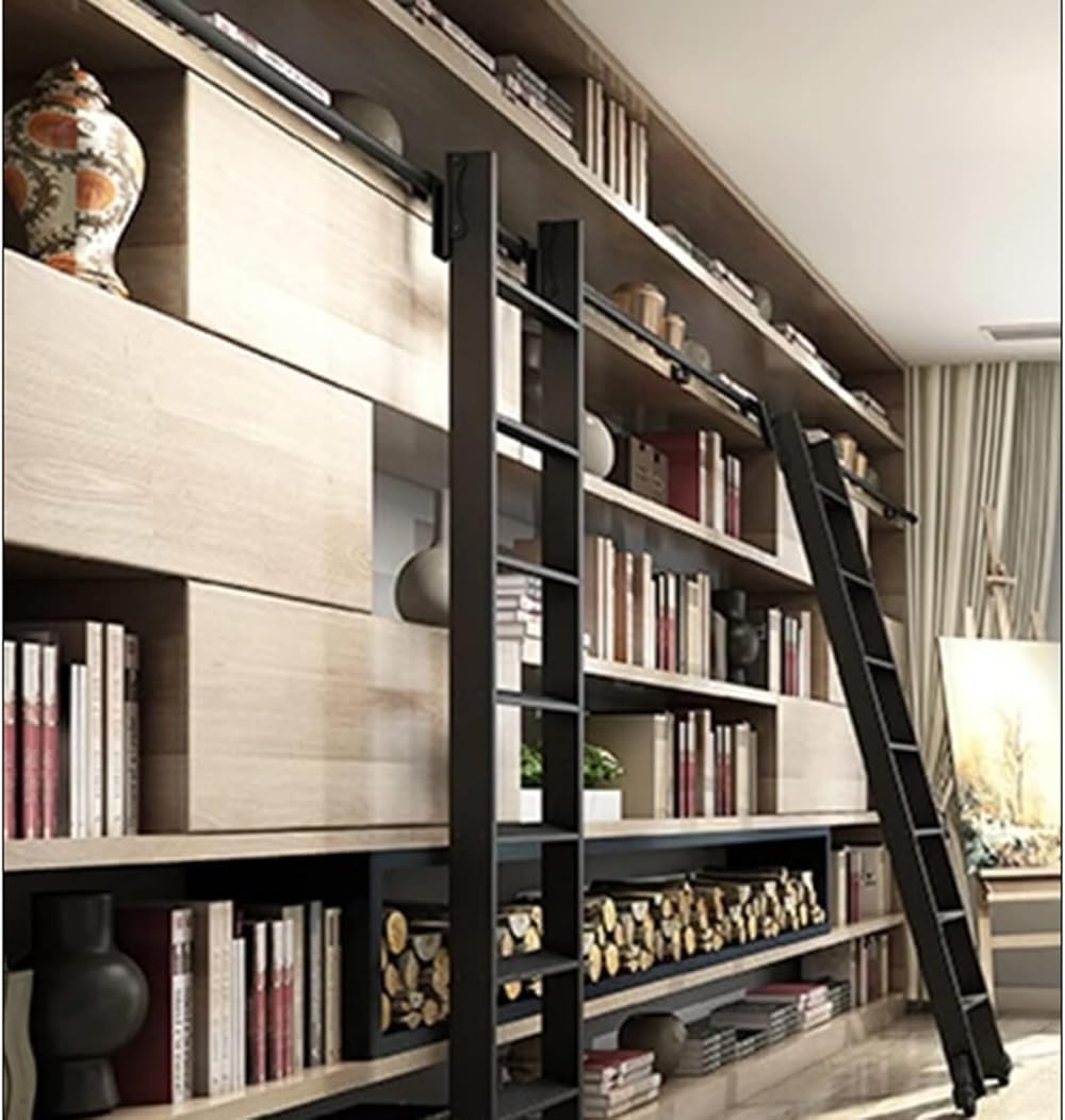 Black Sliding Barn Door Kit with 170cm Rolling Ladder Hardware Set