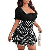 SweatyRocks Women's Plus Size Polka Dots Summer Ruffle Mini Dress Square Neck Puff Sleeve A Line Dress