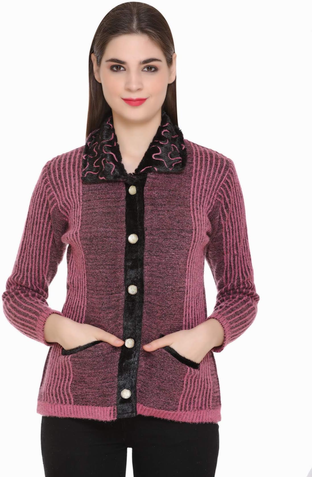 PIPASA Women Woollen Buttoned Collar Neck Printed Party Winter Wear Coat Cardigan