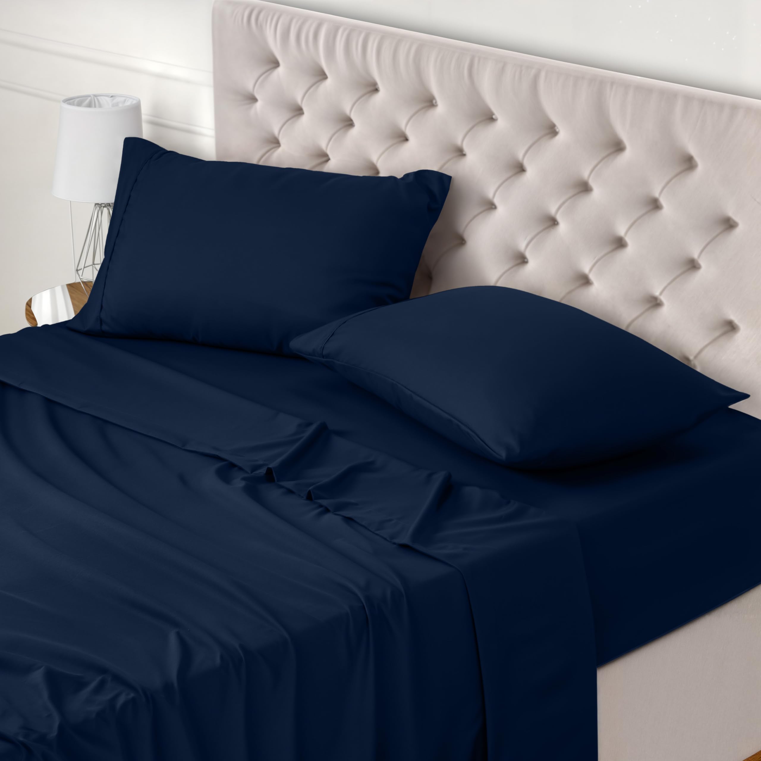 Utopia Bedding Bed Sheet Set King, Navy Blue, 4 Piece – Fitted Sheet, Flat Sheet with 2 Pillow Cases 50x75 – Wrinkle, Shrinkage & Fade Resistant – Oeko-Tex Certified, Polyester Microfiber Fabric