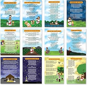 Popular Bible Songs Series 1 Educational Learning Posters (12-Pack) - Inspirational Bible Verses Poster for Men Women Teens - A3 Size - Youth Ministry Sunday School Church Decor Home Decor