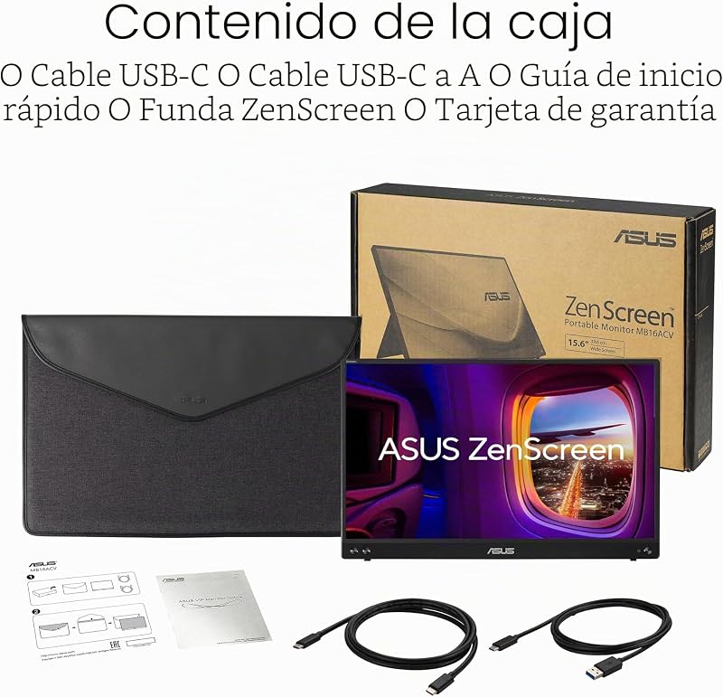 ZenScreen MB16ACV - Monitor portátil USB, 15,6", Full HD (IPS, Conectividad híbrida, USB de Tipo C, Antiparpadeo, Luz Azul de Baja Intensidad, Tratamiento Antibacteriano), 250cd/m², Negro
