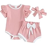 FIOMVA Baby Girl Summer Clothes Solid Onesie Ribbed Romper+Bloomer Shorts+Headband 3Piece Shorts Set Newborn Infant Outfit (Pink Ribbed, 12-18 Months)