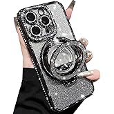 Changjia Glitter Kickstand Case for iPhone 15 Pro Max, Luxury Bling Sparkly Diamond Rhinestone with Camera Protector Liquid Flowing Ring Stand TPU Bumper Women Girls Case for iPhone 15 Pro Max (Black)