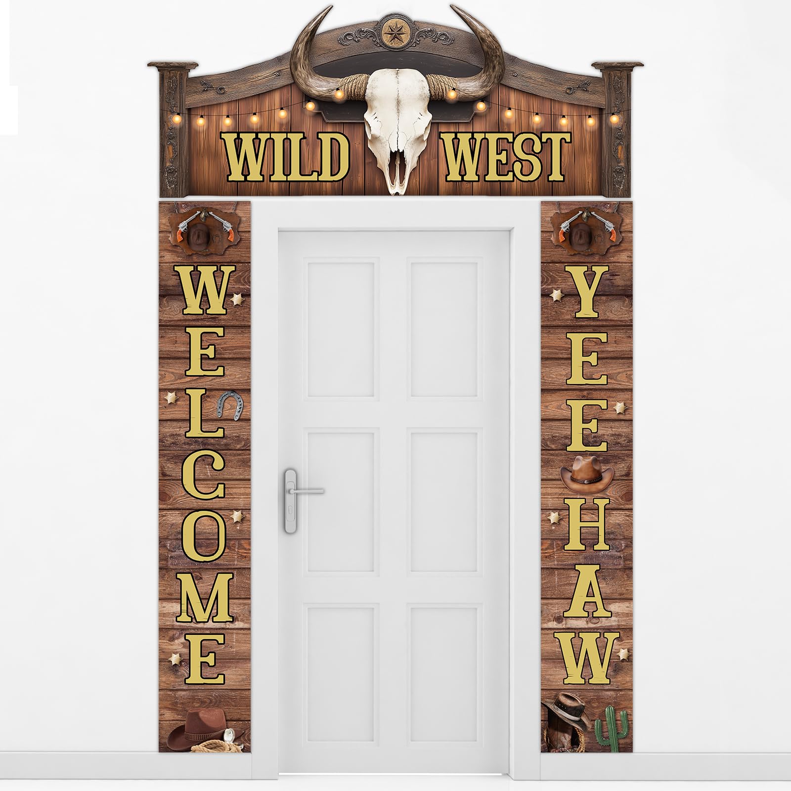 Photo 1 of 3 Pcs West Cowboy Door Decoration Wild West Party Decor Cowboy Rodeo Banner Saloon Welcome Yee Haw Porch Sign Rustic Western Hanging for Bar Birthday New Year Photo Booth Props Supplies Favor