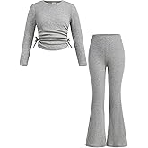 Yesfashion Girls' Clothing Sets Casual Crew Neck Long Sleeve Fitted Ruched Top and Flared Leggings Pants Set