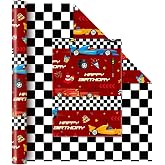 WERNNSAI Race Car Wrapping Paper Birthday Boy, 33 ft x 17" Checkered Design | Red Birthday Wrapping Paper, Kids Racing Car Party Gift Pack, Happy Birthday Text and Lightning Pattern, Plaid Jumbo Roll