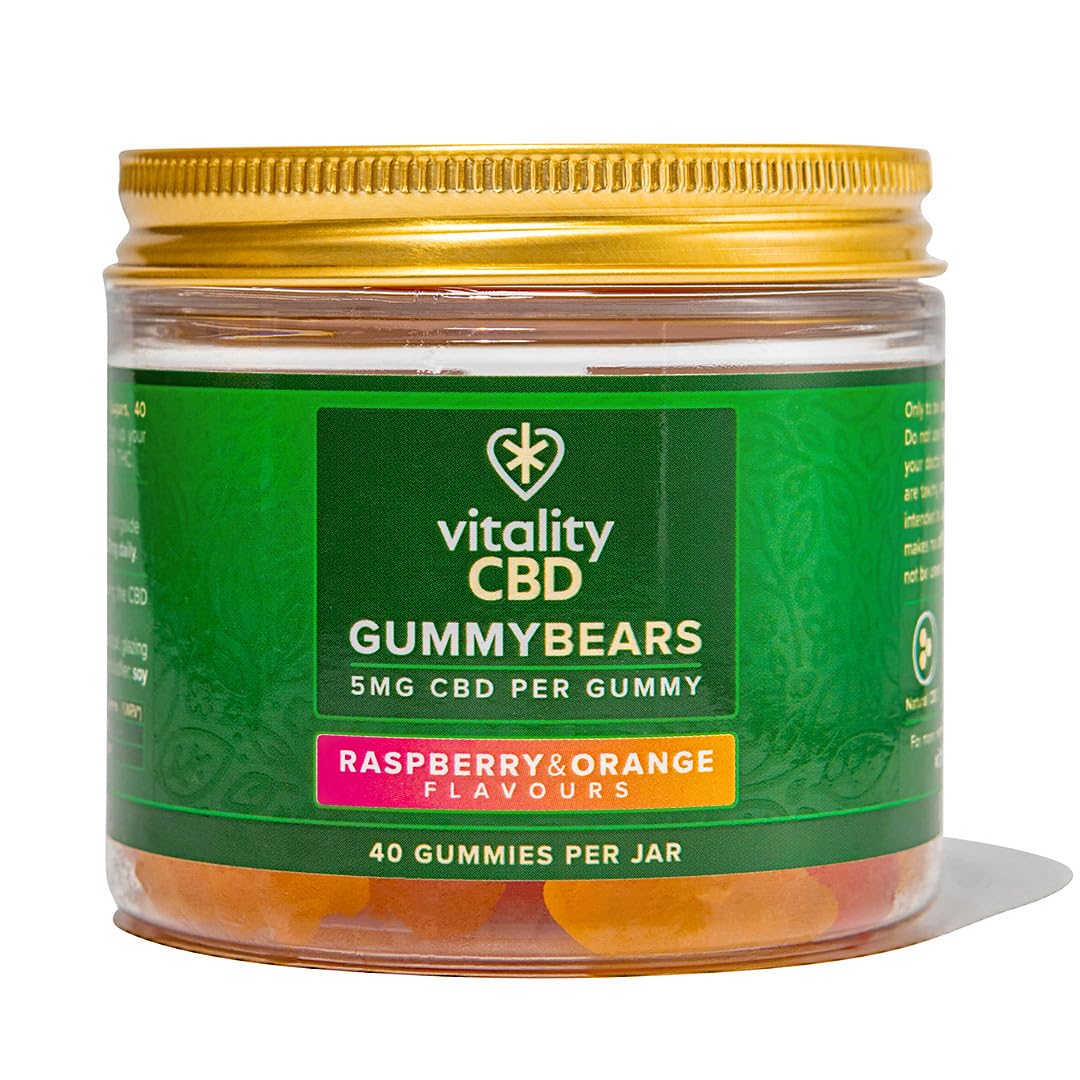 Vitality CBD Gummy Bears, 5mg of cannabidiol per Gummy, 40 Gummies, Raspberry and Orange Flavours, NO THC