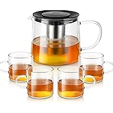 Glass Teapot 34oz/1000ml with 4 Pack Tea Cups Gift Set, Removable Stainless Steel Infuser Tea pot, Heatproof Borosilicate Glass Tea Make, Stovetop Safe Glass Tea Kettle for Loose