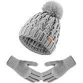 Women Winter Beanie Hat Gloves Set Pom Hat with Warm Fleece Lined Touchscreen Gloves for Cold Weather
