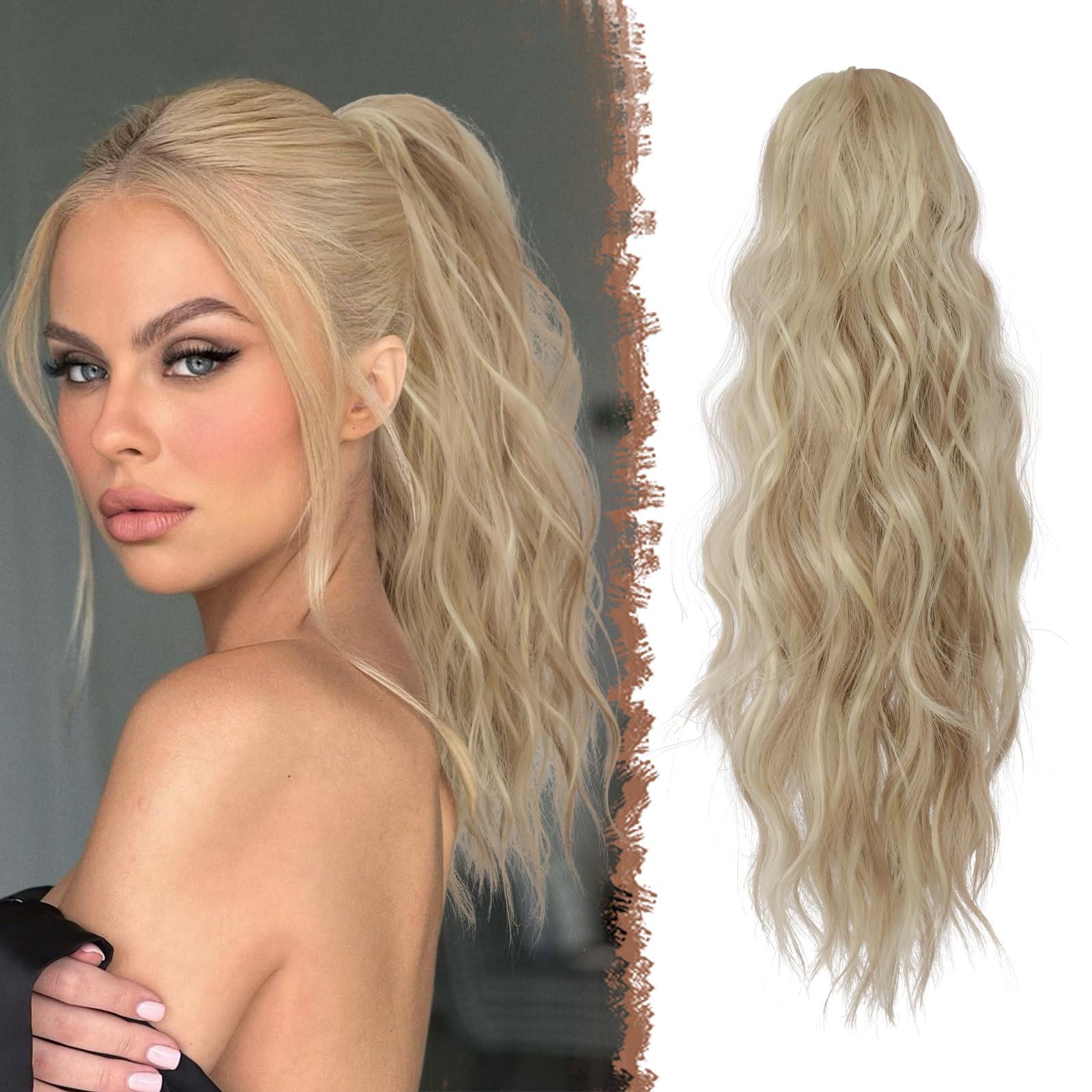 FESHFEN Ponytail Extensions, Drawstring Ponytails Hair Extension Light Ash Brown & Bleach Blonde Long Curly Wavy Hair Piece Synthetic Pony Tail Hairpieces for Women, 18 inch